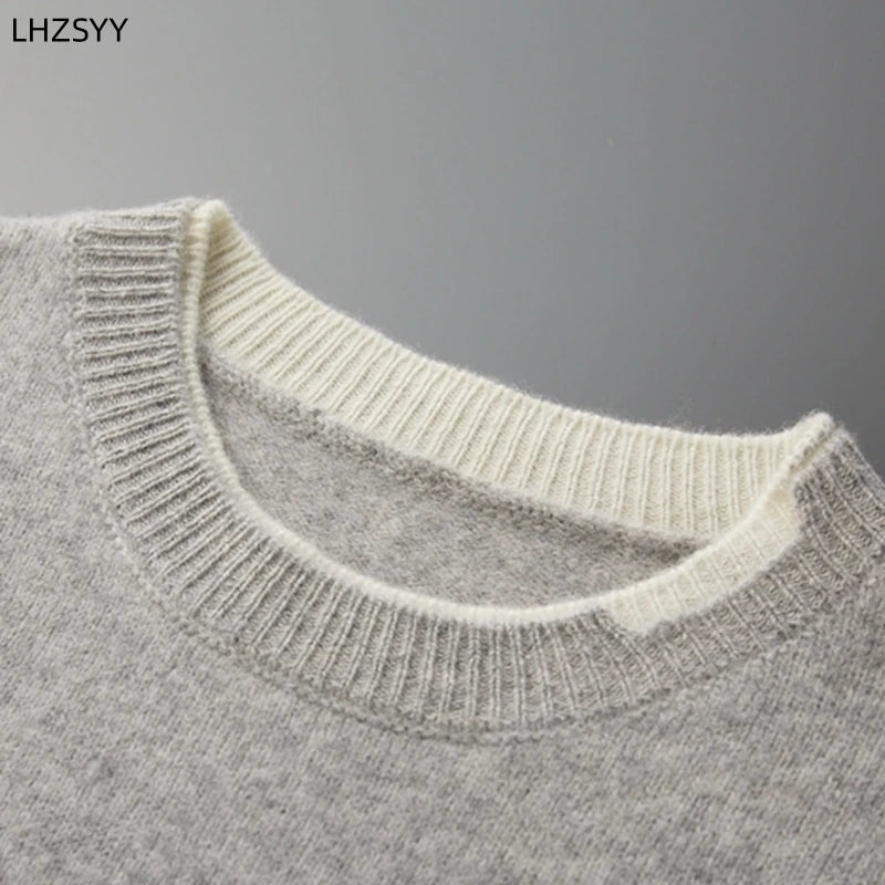 LHZSYY Winter New 100% Merino Pure Wool Pullovers Men's O-Neck Fake Two-piece Jacket Leisure Thick Sweater Youth Loose Warm Tops