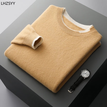 LHZSYY Winter New 100% Merino Pure Wool Pullovers Men's O-Neck Fake Two-piece Jacket Leisure Thick Sweater Youth Loose Warm Tops
